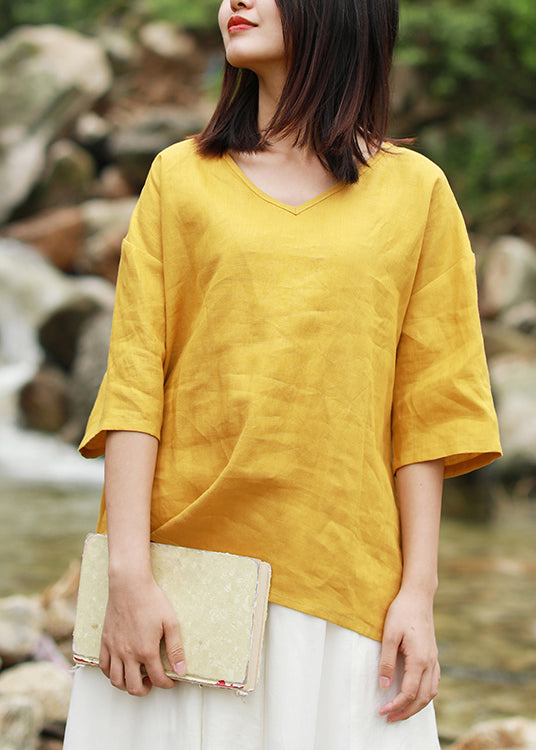 Yellow V Neck Low High Design Linen Tops Short Sleeve