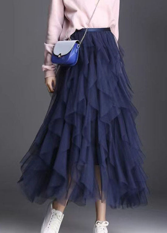 Navy Asymmetrical Patchwork Tulle Skirts Spring
