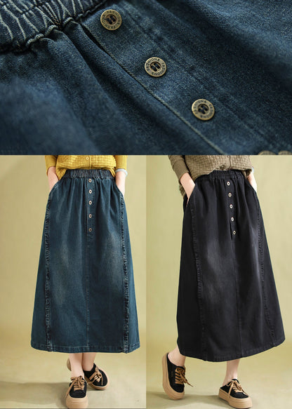 Blue Ruffled Button Denim a Line Skirt Spring