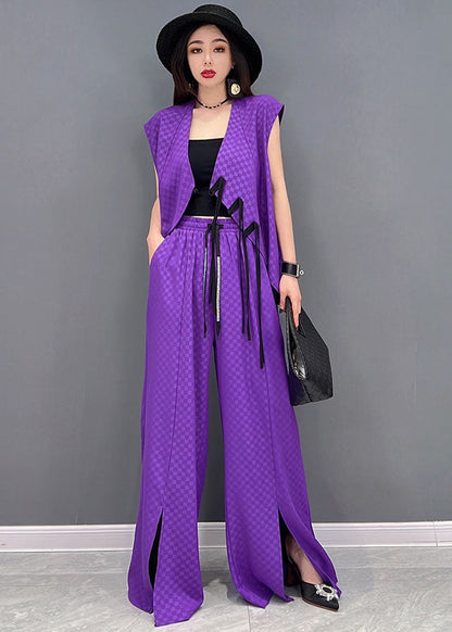 Purple Jacquard Chiffon Vest and Wide Leg Pants Two Pieces Set Elastic Waist Sleeveless