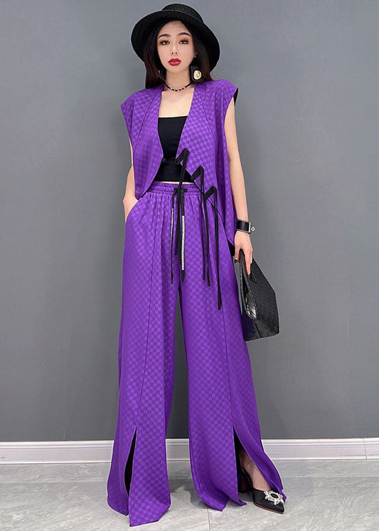 Purple Jacquard Chiffon Vest and Wide Leg Pants Two Pieces Set Elastic Waist Sleeveless