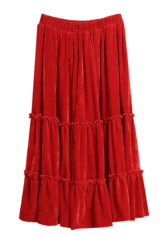 Red Ruffled Patchwork Silk Velour Skirt Spring