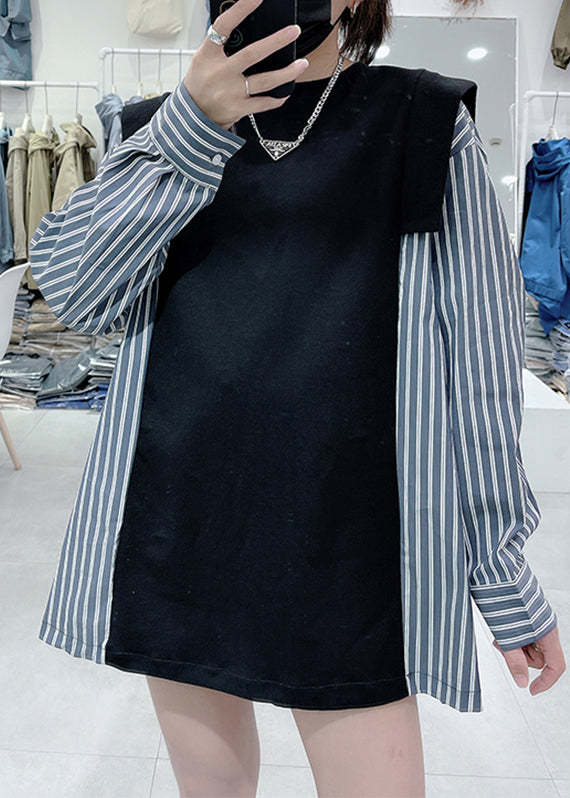 Black O-neck Striped Patchwork Sweatshirts Spring