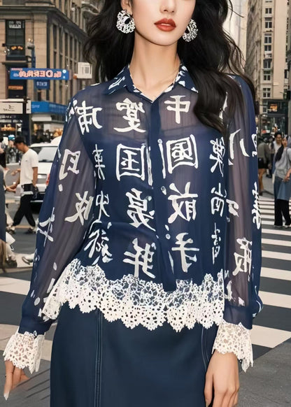 Navy Chinese Character Patchwork Lace Chiffon Blouse Top Spring