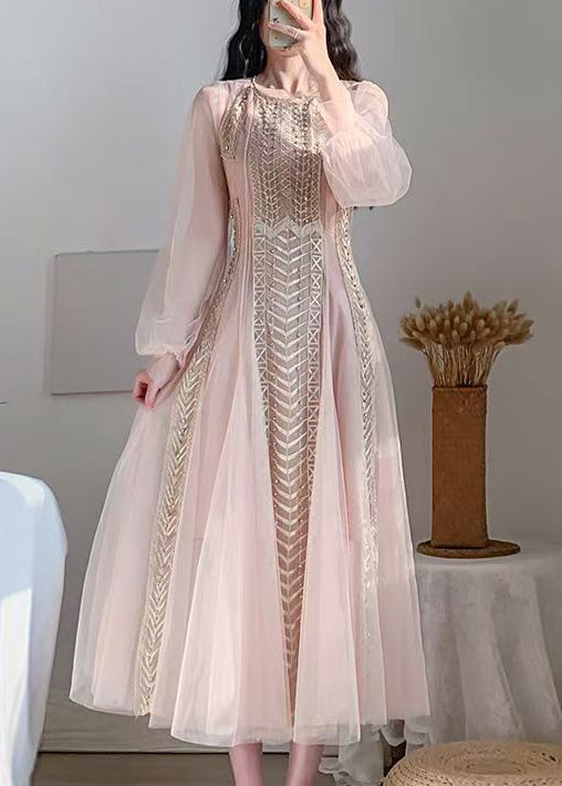 New Pink Mesh Tulle Nail Bead Bubble Sleeve Dress