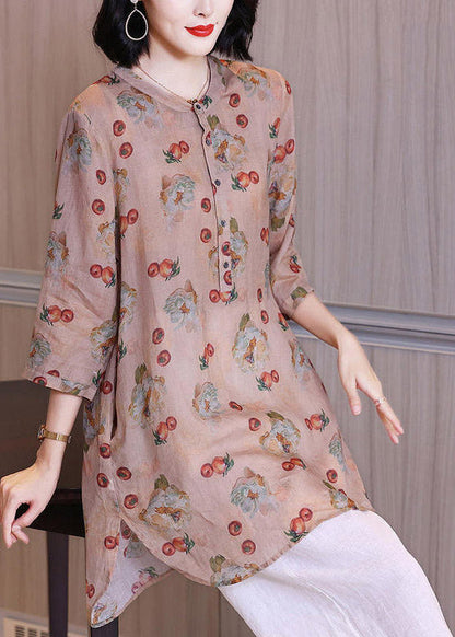 Art Brick Red O-neck Print Button Low High Design Side Open Linen Shirt Long Sleeve
