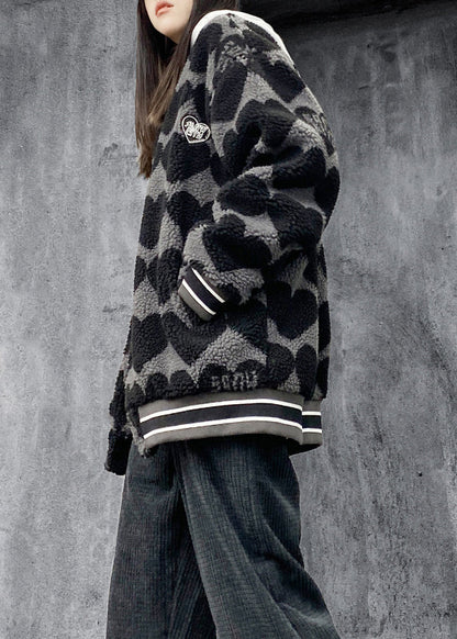 Black Print Pockets Patchwork Faux Fur Cotton Filled Jackets Winter