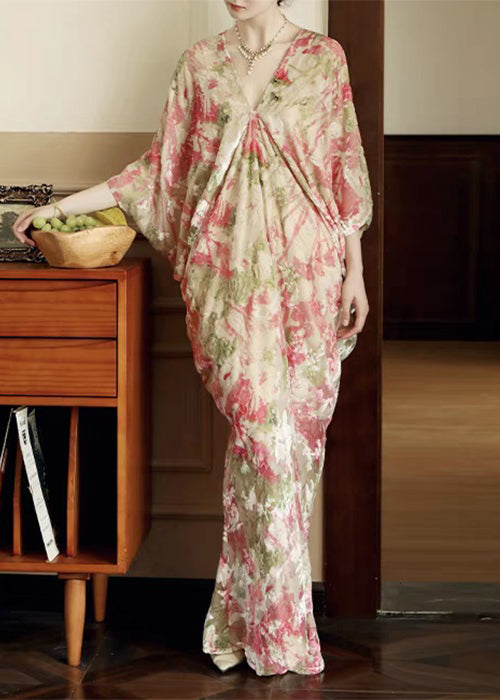 Pink Print Wrinkled Silk Maxi Dresses Batwing Sleeve
