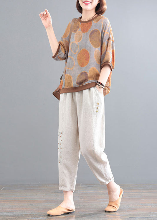 Chocolate Print Linen Tanks and Pants Two Pieces Set O-neck Embroideried Summer
