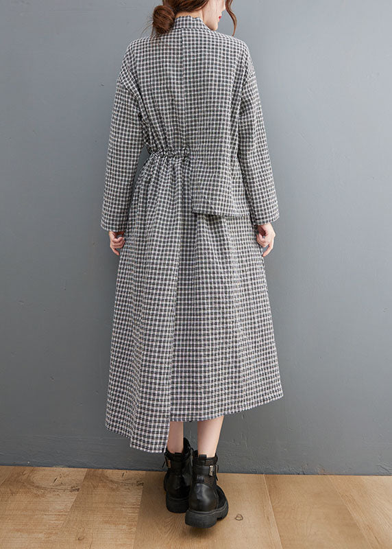 Fitted Black Plaidpeter Pan Collarbuttonasymmetrical Design Fall Holiday Dress Long Sleeve
