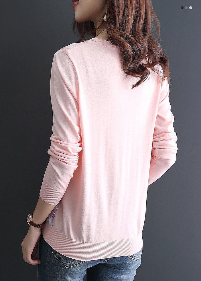 Pink O-neck Patchwork Knit Cardigan Spring