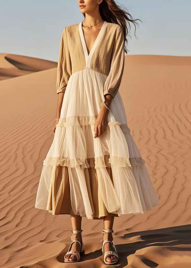Khaki V Neck Patchwork Tulle Dress Bracelet Sleeve