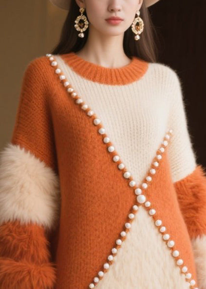 Caramel Nail Bead Patchwork Faux Fur Sweater Dress Winter