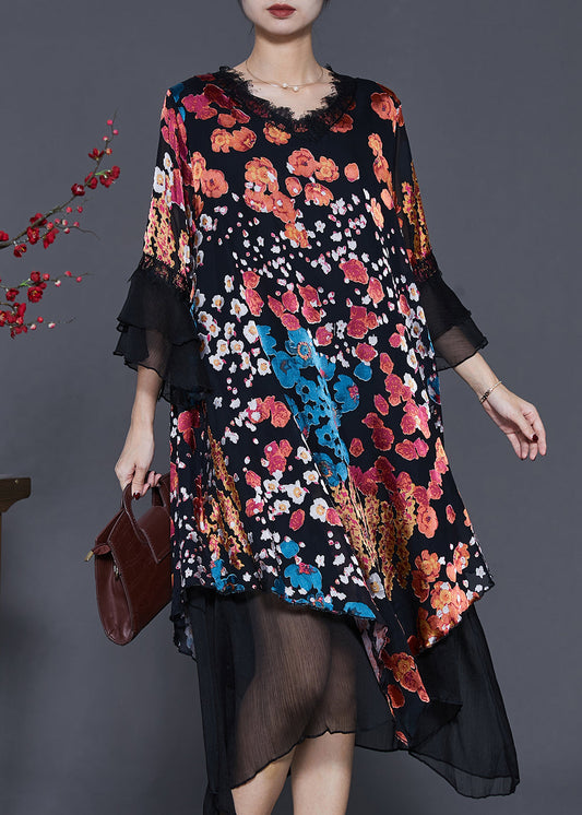 Black Asymmetrical Print Silk Dresses Flare Sleeve