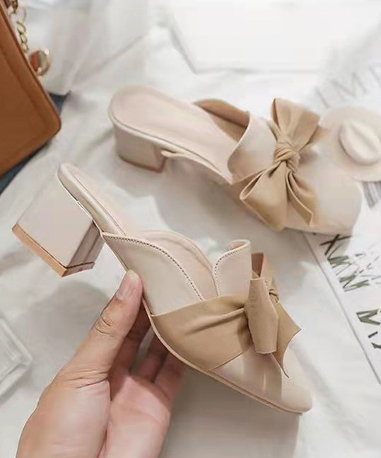 Bow Splicing Chunky Heel Beige Faux Leather
