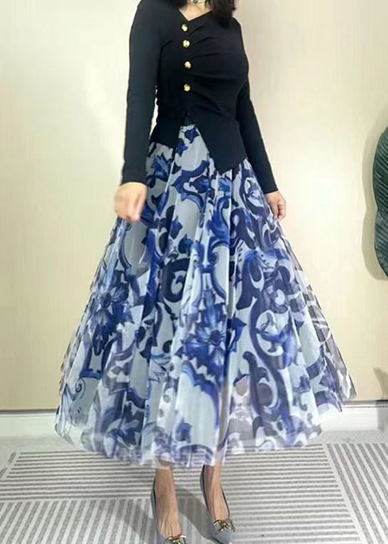 Blue High Waist Print Wrinkled Tulle Skirt Spring