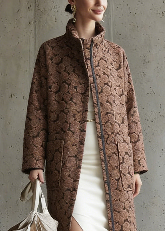 Brown Pockets Jacquard Cotton Filled Long Coats Zip Up