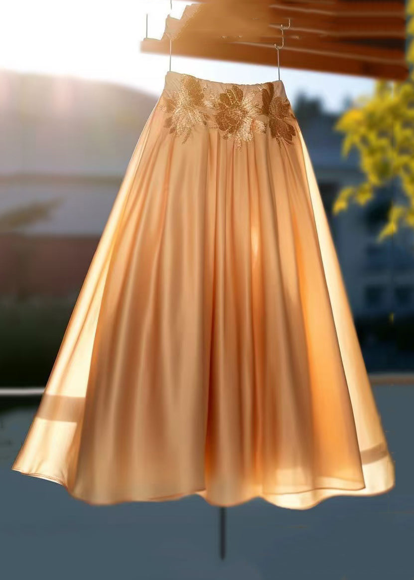 Champagne Gold Embroidered High Waist Cotton Skirts Summer