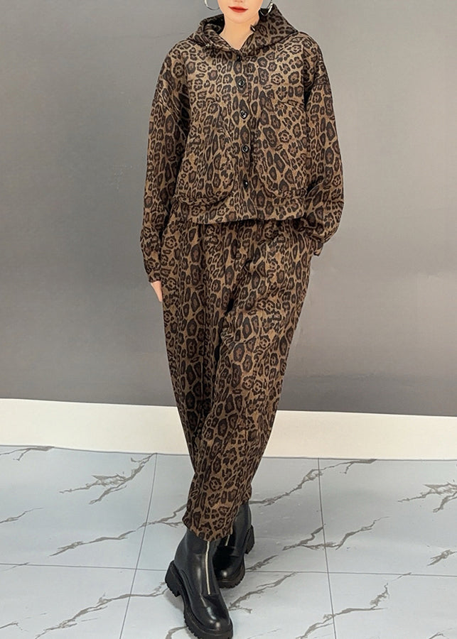 Khaki Leopard Warm Fleece Hooded Coats and Harem Pants Two Pieces Set Winter