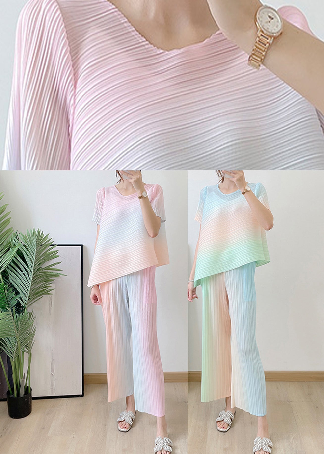 Loose Green O-neck Striped Top and Pants Silk Two Piece Set Summer