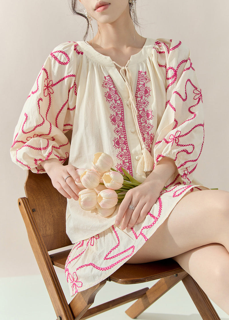 Natural Apricot O-neck Embroidered Top and Skirts Two-piece Set Fall