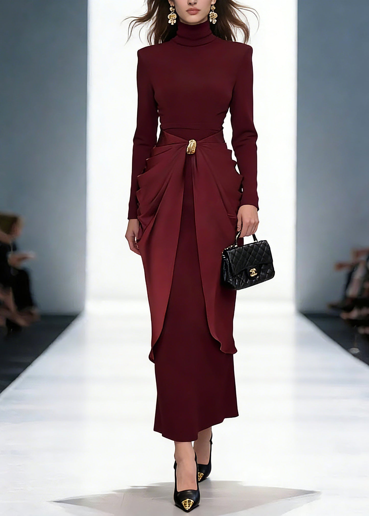 Slim Fit Red Turtleneck Patchwork Vacation Long Dresses Spring