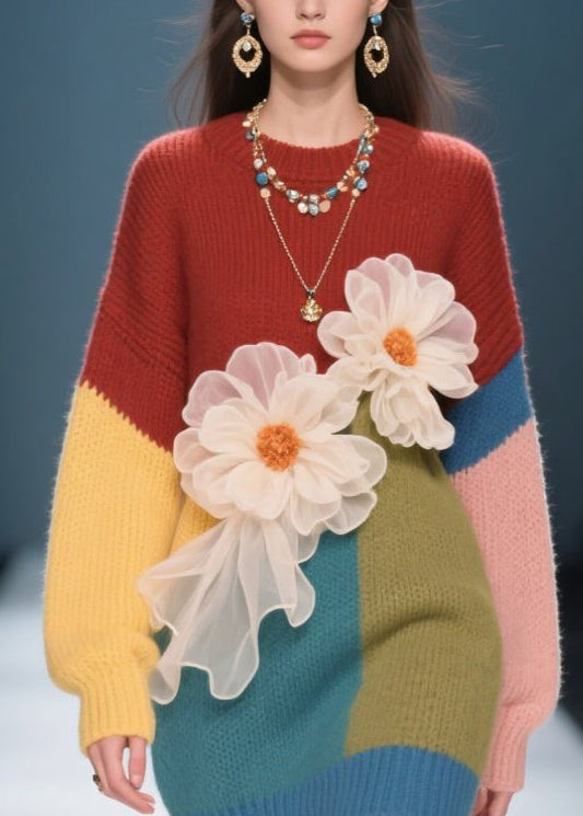 French Colorblock O Neck Knit Sweater Dress Fall