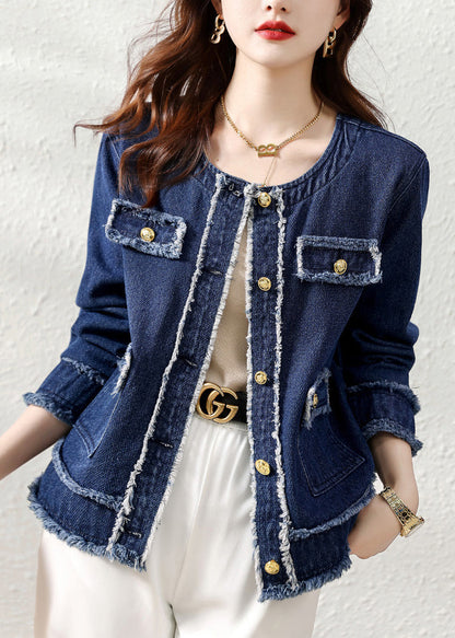 Natural Denim Blue O-neck Patchwork Button Coat Long Sleeve