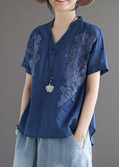 Organic Blue V Neck Embroideried Low High Design Shirts Summer