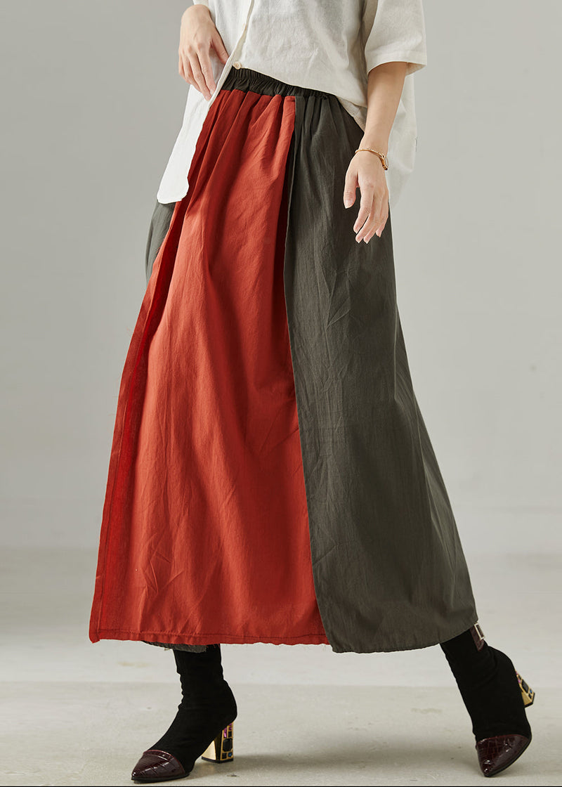 Red Elastic Waist Patchwork Cotton Skirts Spring