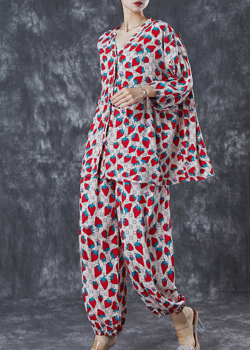 Khaki Oversized Strawberry Print Cotton Two Pieces Set Summer