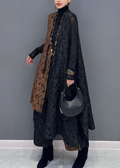 Classy Black Patchwork Brown V Neck Waistcoat and Wide Leg Pants Two Pieces Set Fall