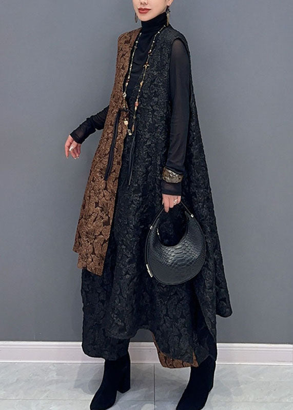 Classy Black Patchwork Brown V Neck Waistcoat and Wide Leg Pants Two Pieces Set Fall