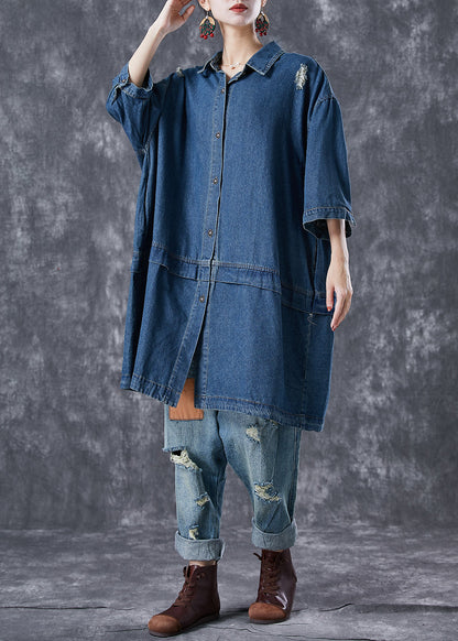 Navy Oversized Patchwork Denim Ripped Trench Coats Bracelet Sleeve