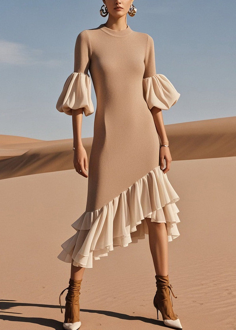 Stylish O Neck Ruffled Patchwork Knit Sweater Dress Spring