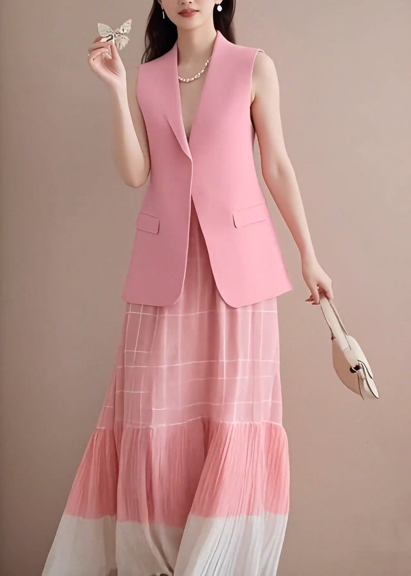 Pink V Neck Waistcoat and Wrinkled Skirts Two Pieces Set Sleeveless