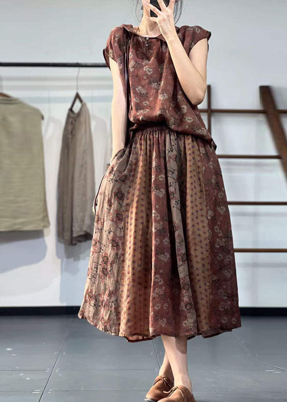 Khaki Peter Pan Collar Print Linen Two Pieces Set Summer