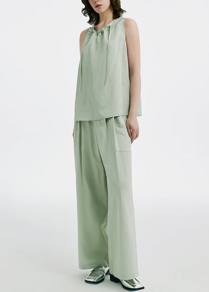 Natural Light Green O-neck Drawstring Silk T Shirts and Wide Leg Pants Two Pieces Set Summer