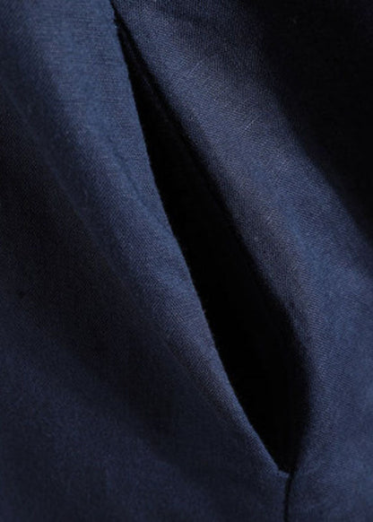 Diy Navy Stand Collar Asymmetrical Design Button Cotton Long Shirt Short Sleeve