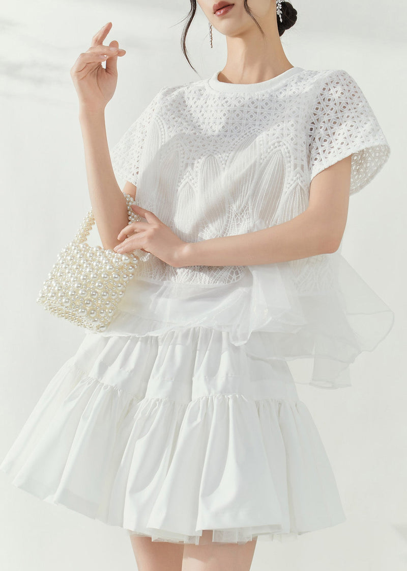 Simple White O-neck Hollow Out Tulle Patchwork Top Short Sleeve