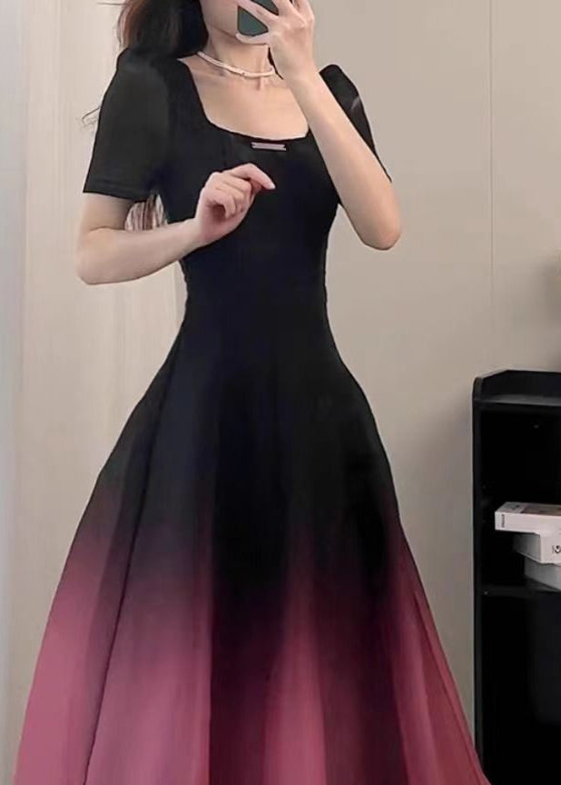 Black O-neck Gradient Color Long Dresses Short Sleeve