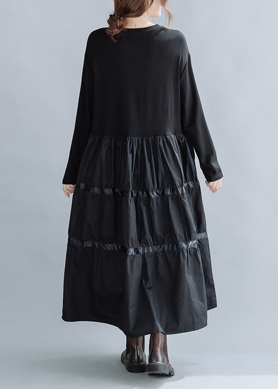 Black O-neck Patchwork Cotton Dress Spring