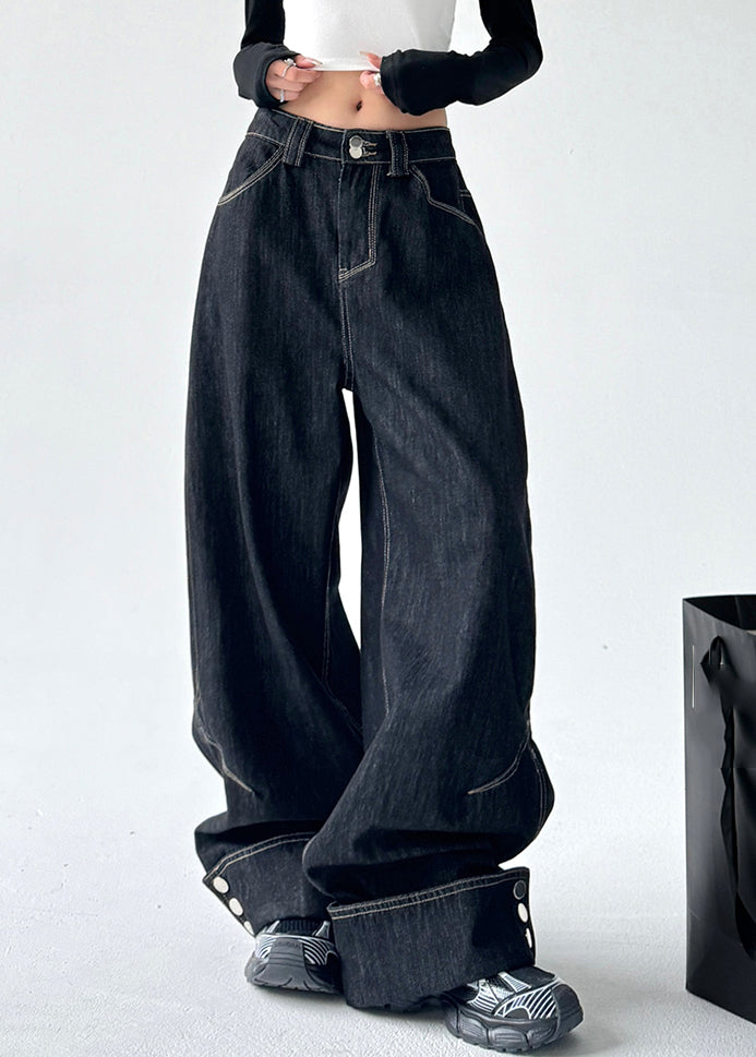 Black High Waist Patchwork Straight Denim Pants Spring