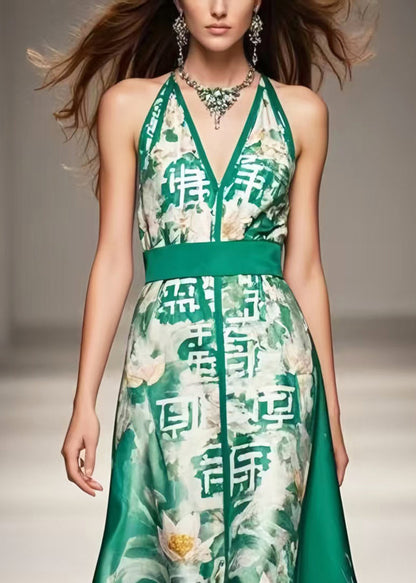 Green Cinched Print Silk Halter Dresses Summer