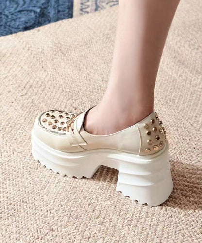 Chunky Platform Heels Black Cowhide Leather Rivet