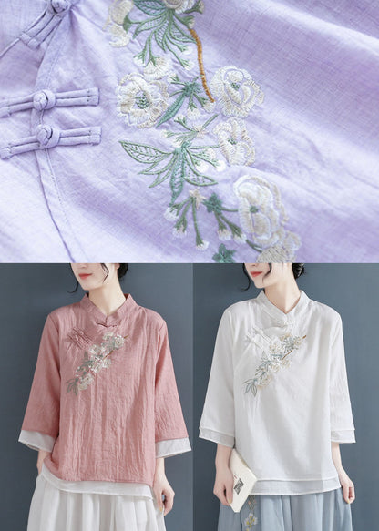 Purple Chinese Style Cotton Blouse Tops Layered Embroideried Three Quarter Sleeve