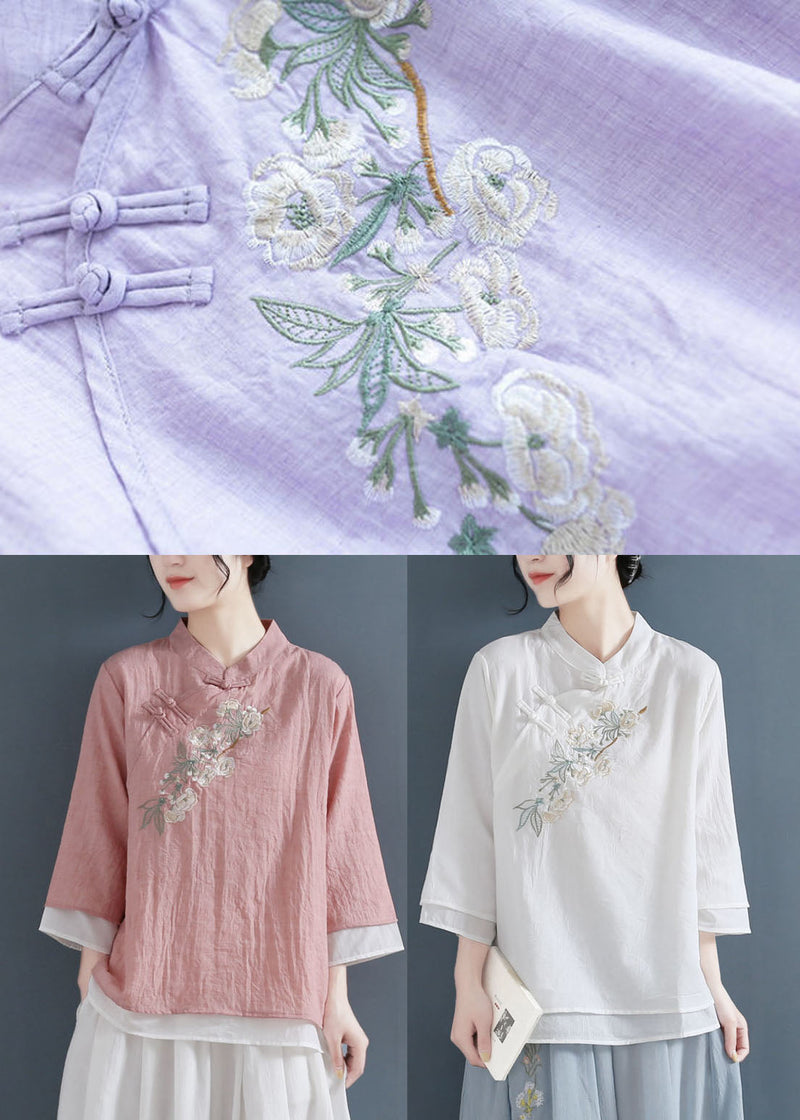 Purple Chinese Style Cotton Blouse Tops Layered Embroideried Three Quarter Sleeve