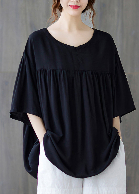Black O-neck Wrinkled Cotton Tank Tops Half Sleeve