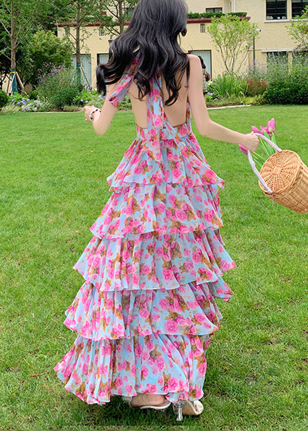 Print Ruffled Halter Backless Beach Dress Summer