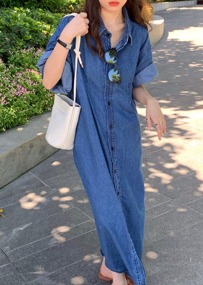 Blue Peter Pan Collar Patchwork Denim Shirts Dresses Summer